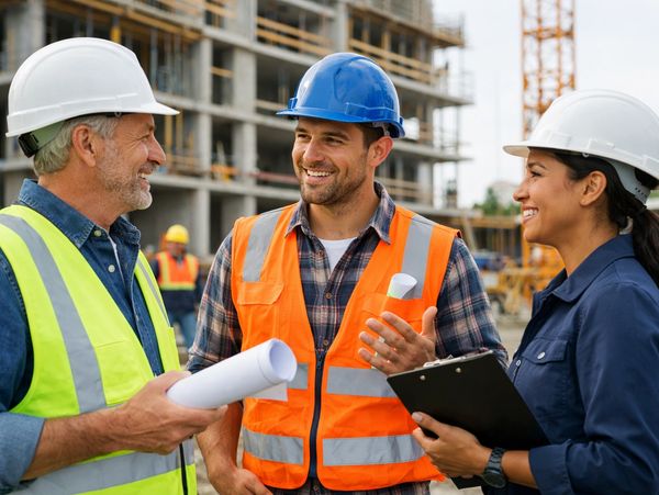 Three construction workers in safety gear discussing plans at a building site.