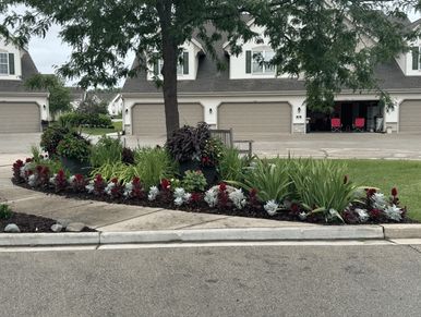 A well-maintained garden bed with various plants and flowers along a sidewalk.
