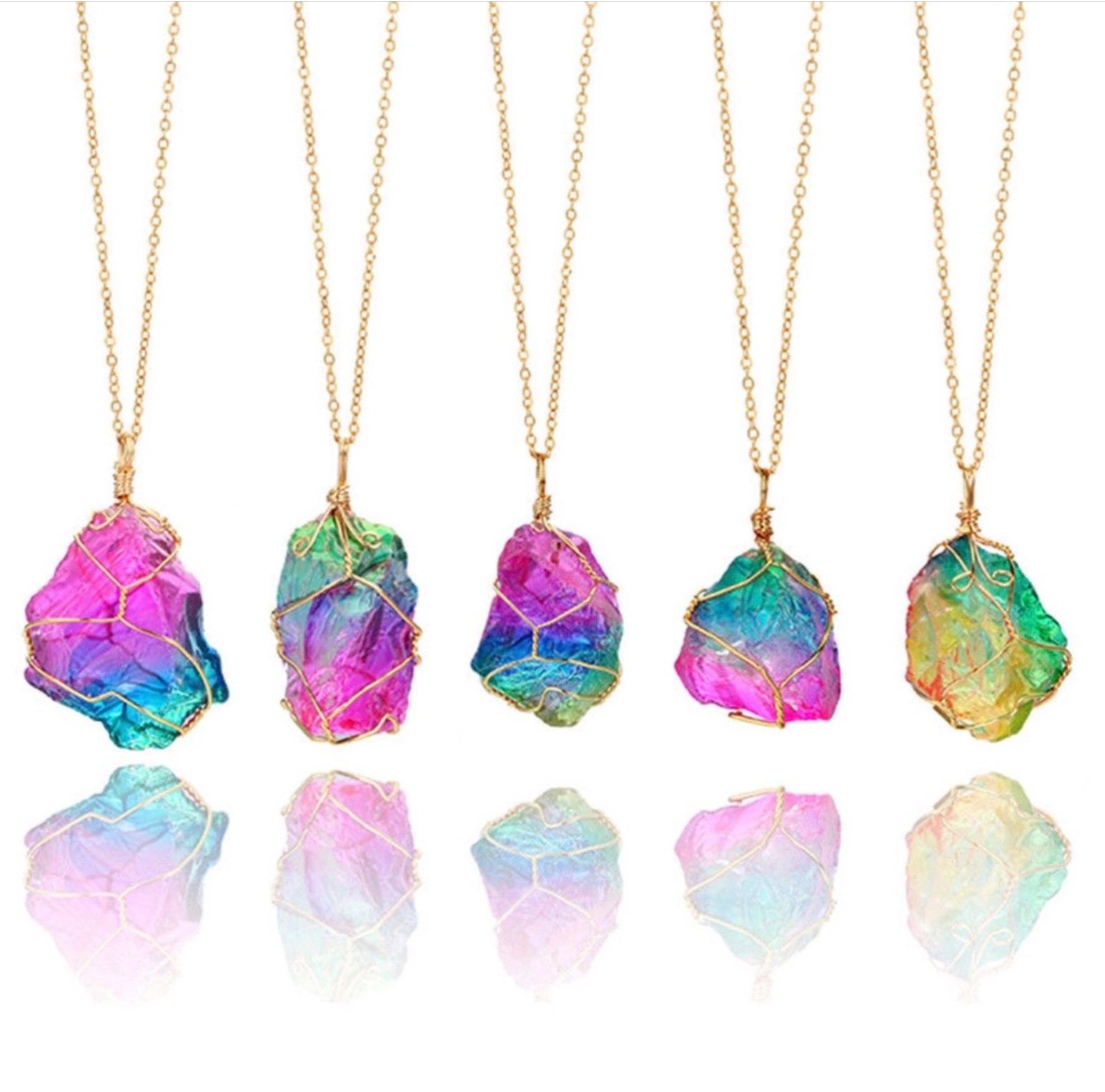 Five colorful crystal pendant necklaces with gold chain and wire wrapping.