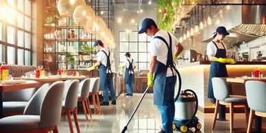 Workers cleaning a bright, modern restaurant interior.