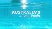 Clear blue swimming pool water with 'Australia's Best Pools' text.