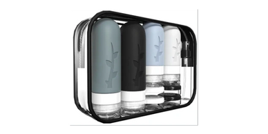 Travel-sized silicone bottles in a clear zippered pouch for toiletries.