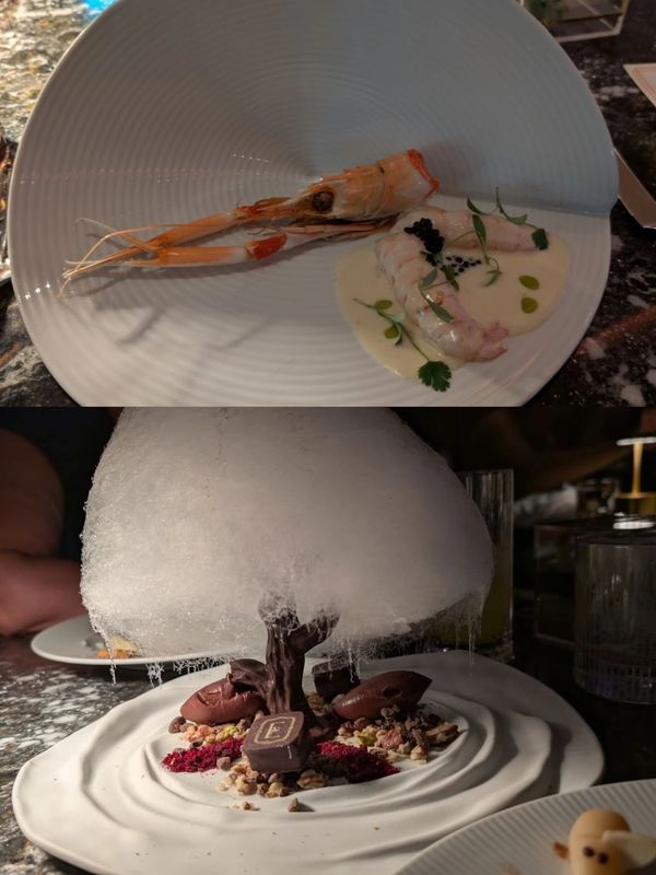 Langoustine with cream sauce (top) and assorted chocolates with a cotton candy tree (bottom) 