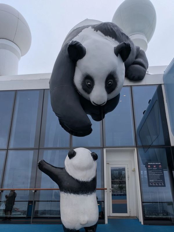 Mother and baby panda statues on the top deck of Royal Caribbean's Ovation of the Seas