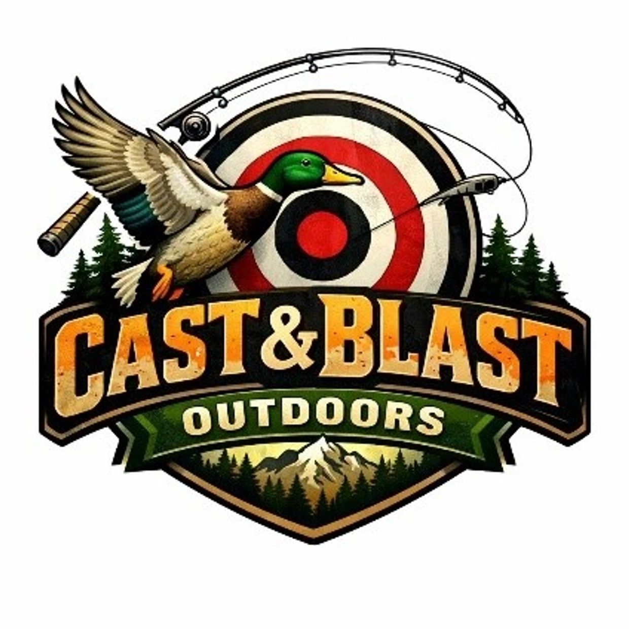 Logo of Cast &amp; Blast Outdoors featuring a duck and fishing rod.