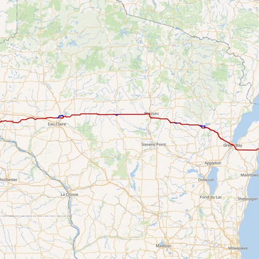 Map showing a red route across Wisconsin from Eau Claire to Green Bay.
