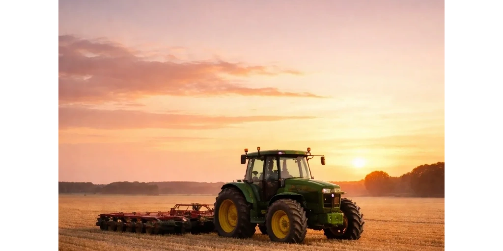 Green tractor working in a golden field at sunset.
