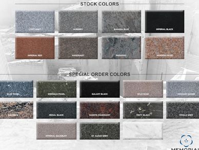 Image showing stock and special order granite colors for memorials.