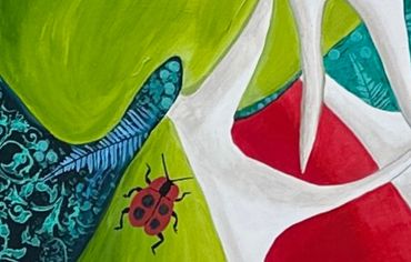 Abstract painting with a white hand, ladybug, and vibrant green and red shapes.