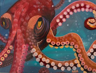 A vibrant painting of a red octopus with detailed tentacles underwater.