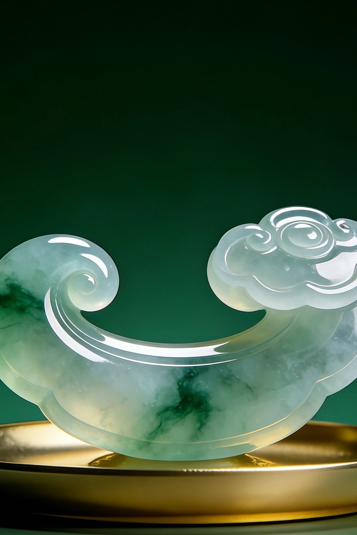 Intricately carved translucent jade sculpture with swirling cloud design on golden base.