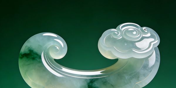 Intricately carved translucent jade sculpture with swirling cloud design on golden base.