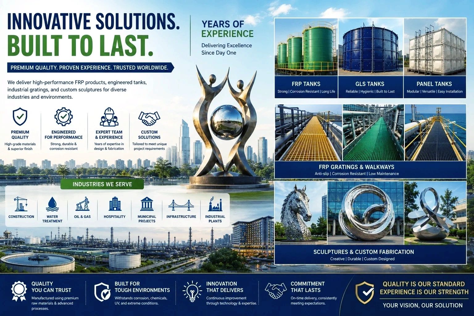 Industrial solutions with durable FRP tanks, gratings, and custom sculptures for diverse industries.