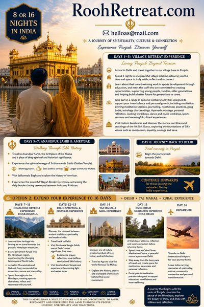 Infographic promoting RoohRetreat.com with spiritual and cultural experiences in India.