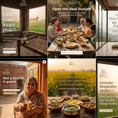 A collage promoting authentic Punjabi farm-to-table retreats and genuine hospitality.
