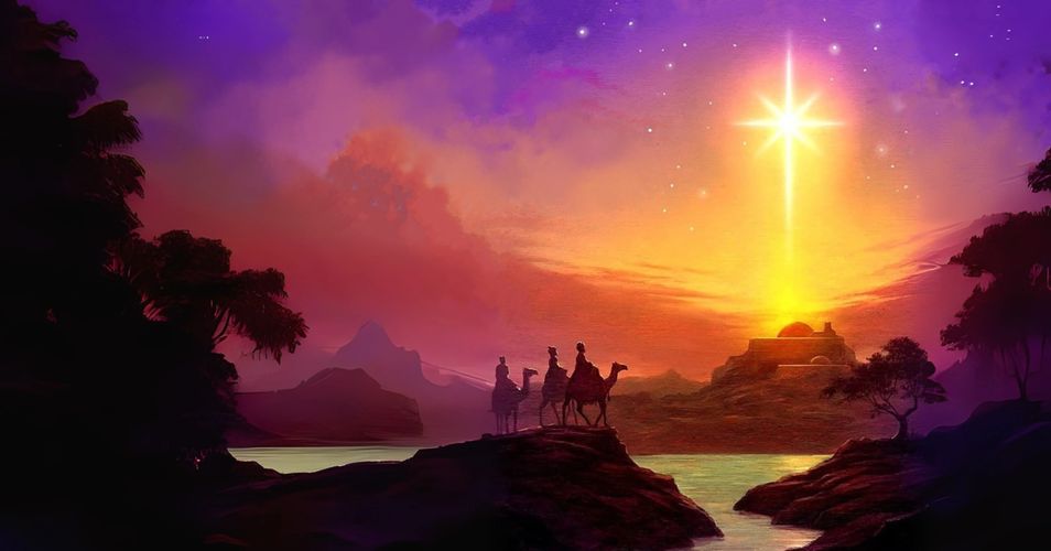 The three wise men on camels looking at up at the Star of Bethlehem with a bright sunset behind.