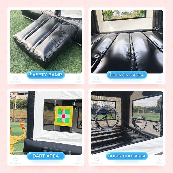 Black and white party bounce house with mesh windows and basketball hoop for rent in Santa Clarita.
