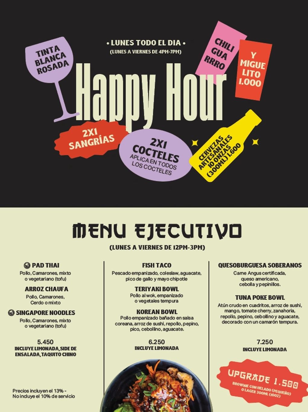 Happy Hour and Executive Menu with 2x1 drinks and diverse food options from Monday to Friday.
