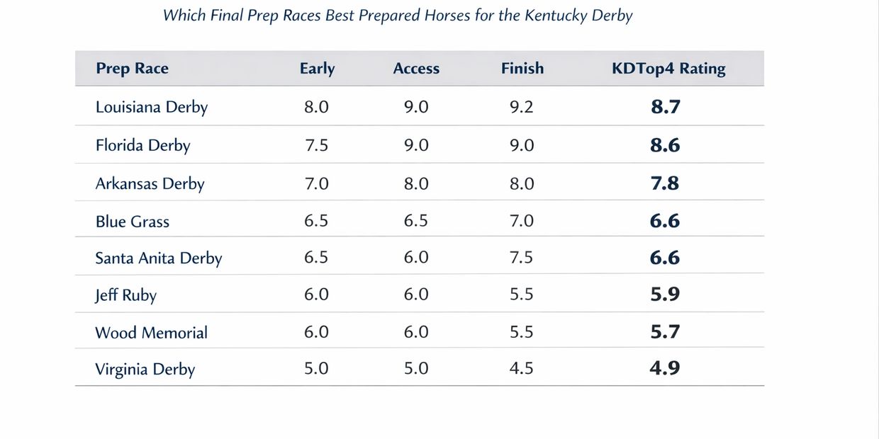 Table ranking prep races by their effectiveness in preparing horses for the Kentucky Derby.