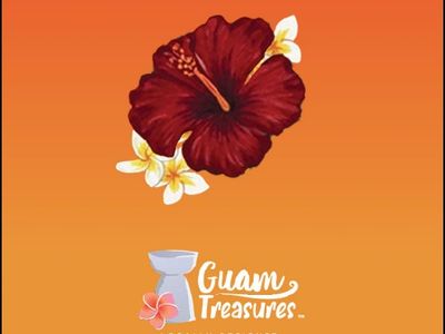 A red hibiscus and white plumeria flowers with Guam Treasures text on orange background.