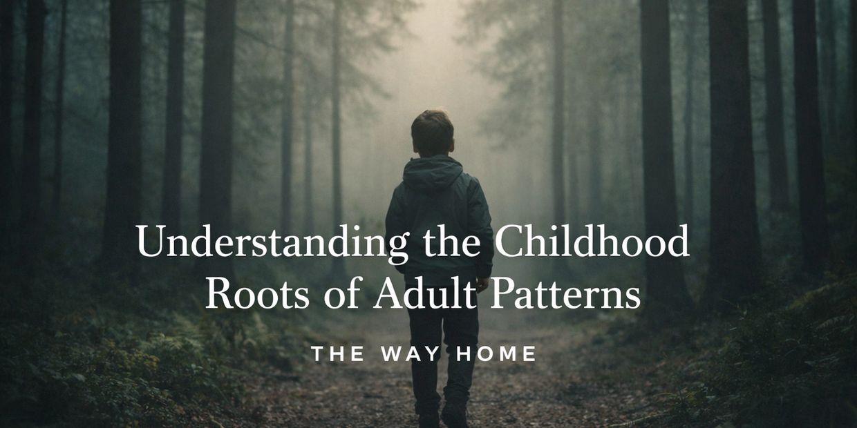 A child walks alone in a foggy forest, symbolizing a journey of understanding childhood roots.