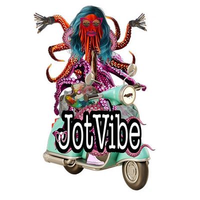 Colorful octopus-headed figure riding a scooter with 'JotVibe' text.