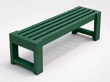 A simple green slatted bench with sturdy legs.