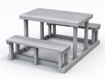 Gray wooden picnic table with attached benches on white background.