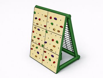 A children's climbing wall with colorful handholds and a green frame.