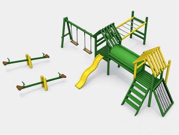 Colorful green and yellow playground set with slides, swings, and seesaws.
