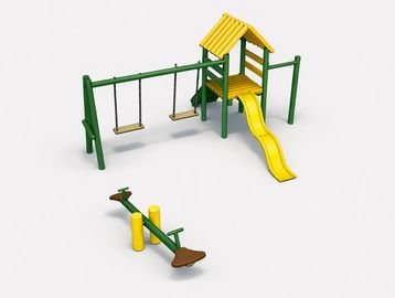 Children's playground set with swings, slide, and seesaw in green and yellow.