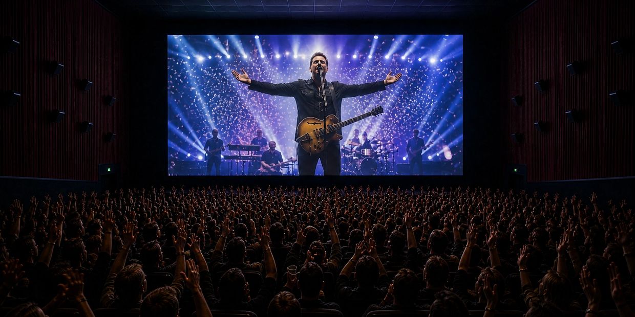 Audience enjoying a live concert film screening in a theater.