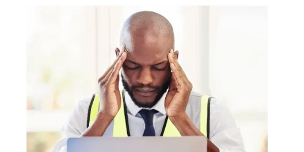 Stressed engineer in safety vest working on laptop at desk.
