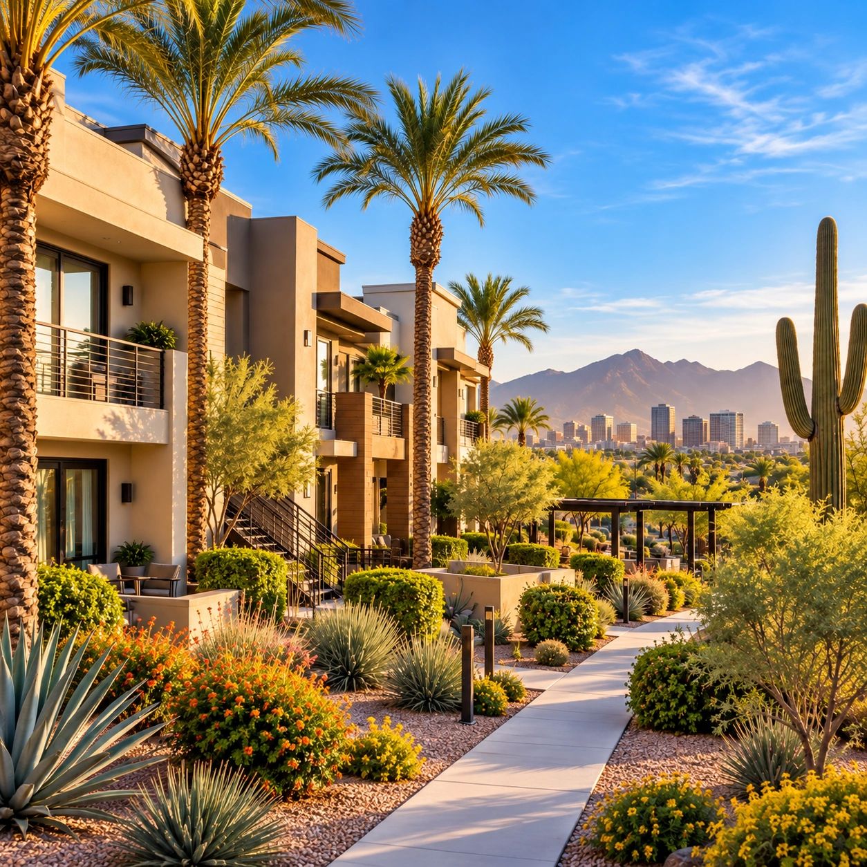 Modern homes with lush desert landscaping and mountain city skyline.