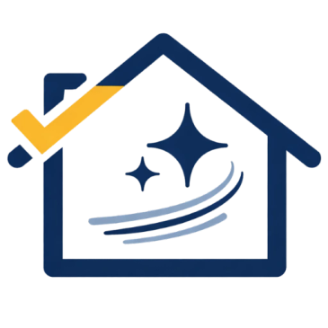 Blue house outline with sparkle and yellow check mark.