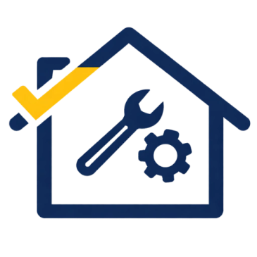 House icon with wrench and gear, and a yellow check mark.