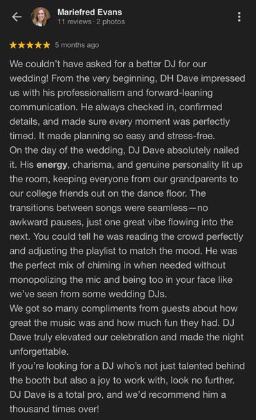 A glowing 5-star wedding DJ review praising professionalism and vibe.