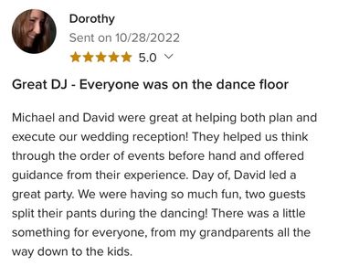 Five-star review praising DJ Michael and David's exceptional wedding reception performance.