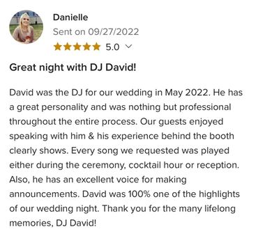 Positive 5-star review praising DJ David for professionalism and memorable wedding music.