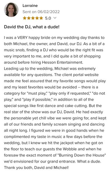 Positive wedding DJ review praising David and Michael's service and music selection.