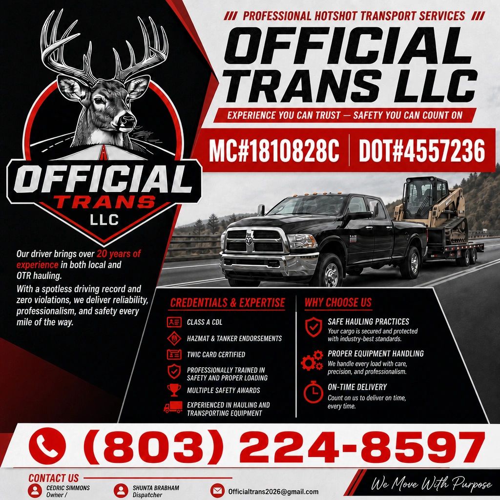 Advertisement for Official Trans LLC, a professional hotshot transport service.