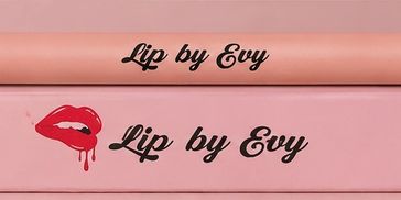 Two pink lip liners with 'Lip by Evy' branding and a red lip print.