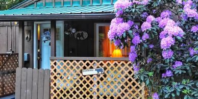 Cozy porch with a warning sign and vibrant purple flowers.
