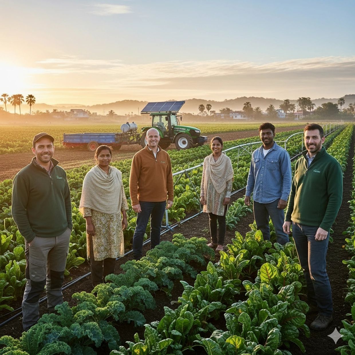 A diverse group of farmers standing in a lush green vegetable field at sunrise.