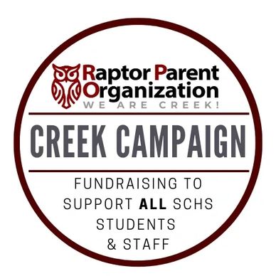 Round logo for with owl graphic and the words Raptor Parent Organization. Underneath it says "Creek 