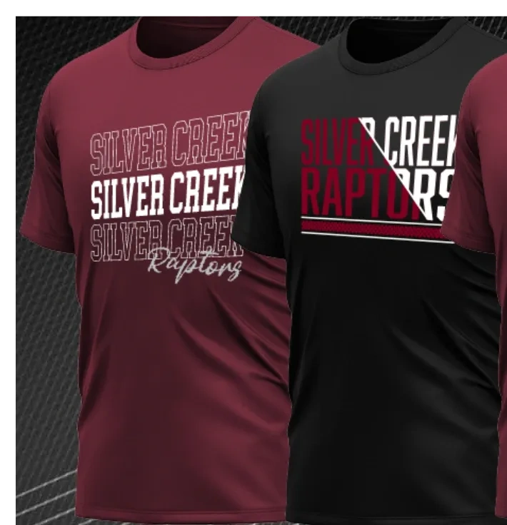 PIcture of a maroon and a black t-shirt with the words "Silver Creek Raptors" on each one.