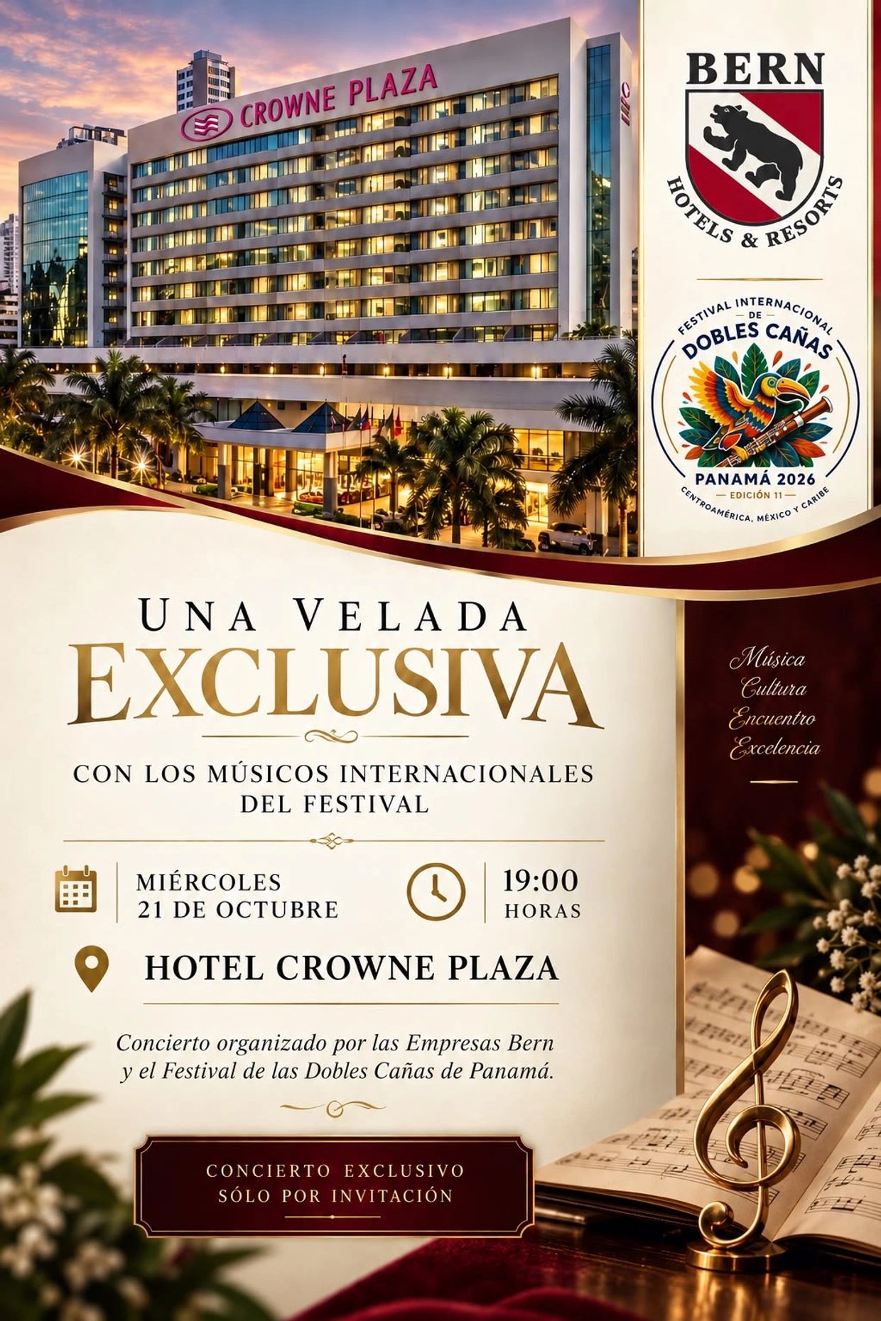 Anuncio de concierto exclusivo en el Hotel Crowne Plaza.