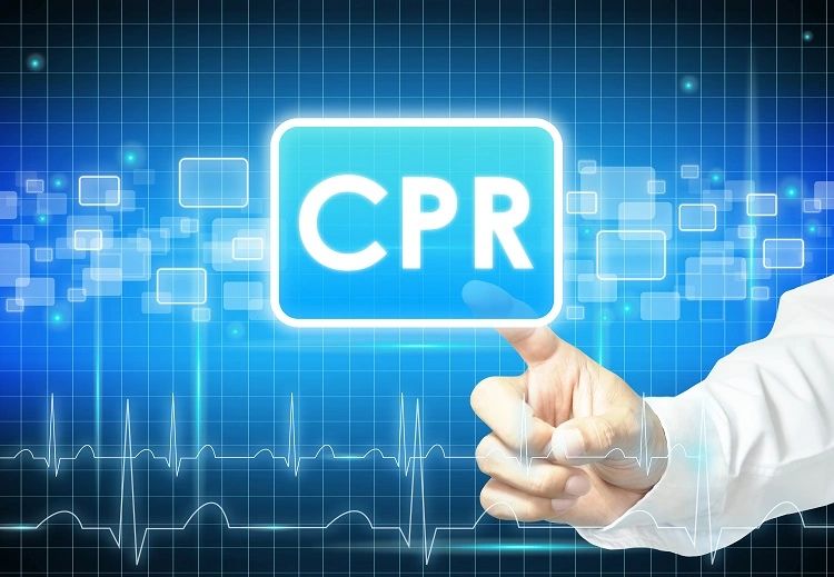 Letters CPR with a blue digital background and a heartbeat.