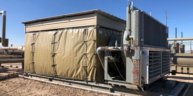 Industrial air conditioning unit with tan fabric covering.