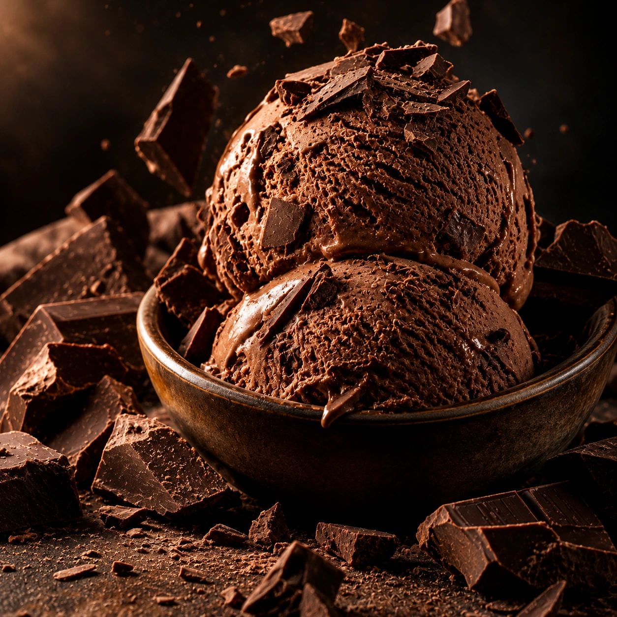 Sorvete de chocolate com pedaços de chocolate em uma tigela.